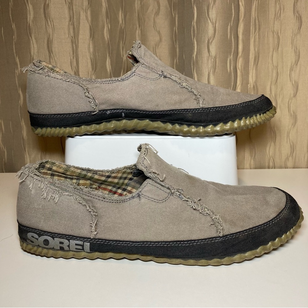 Sorel Slip On Mocs Men’s 12 Tan Black Canvas Rubber Loafer Shoes NM1954-003